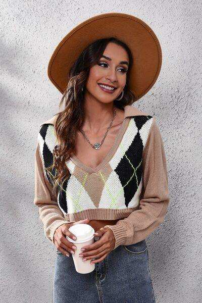 Geometric Long Sleeve Cropped Sweater - Trendsi - Flyclothing LLC