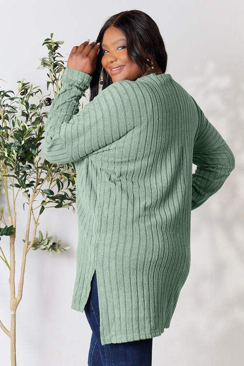 Basic Bae Full Size Ribbed Round Neck Long Sleeve Slit Top - Trendsi - Flyclothing LLC