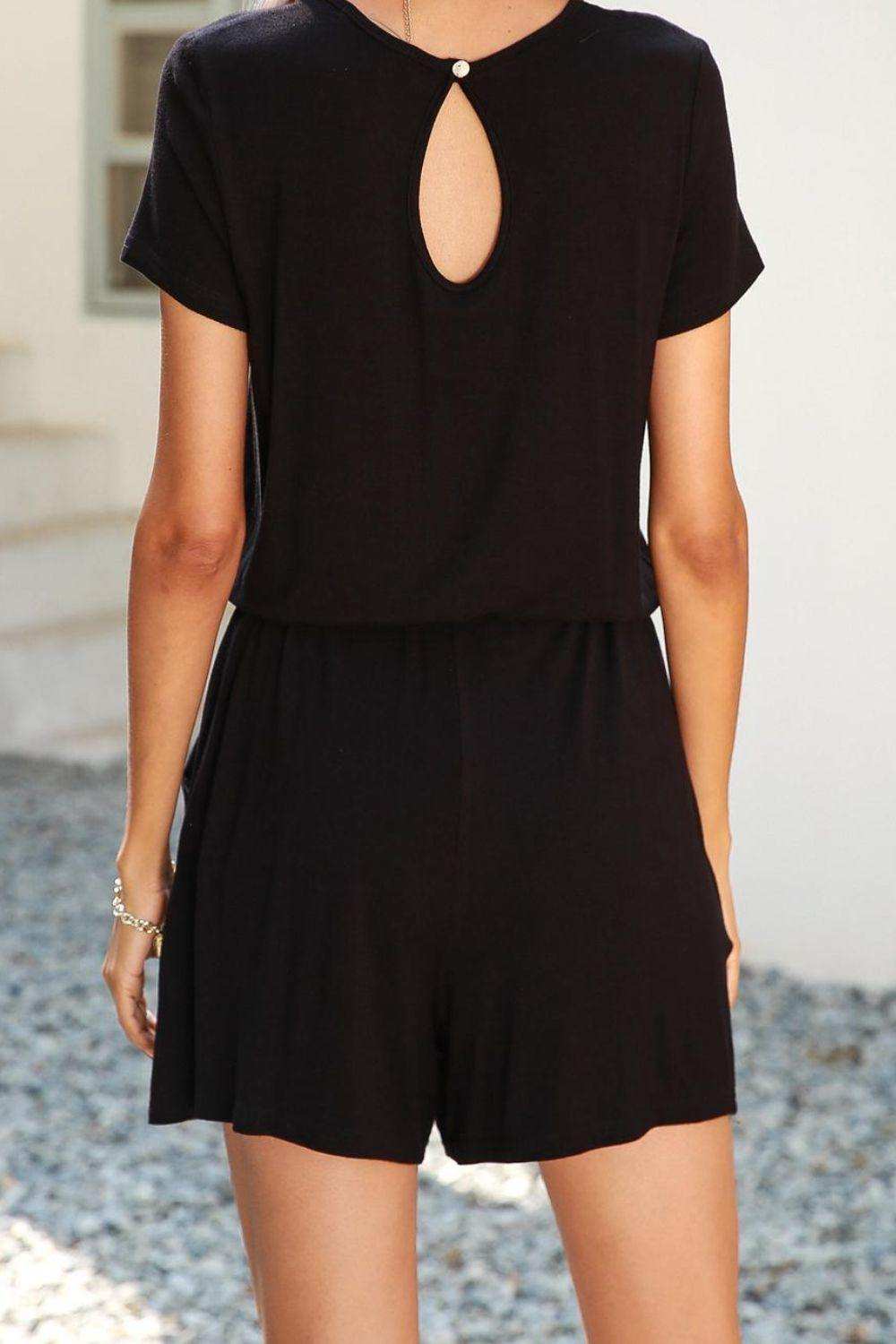 Drawstring Waist Short Sleeve Romper with Pockets - Trendsi - Flyclothing LLC