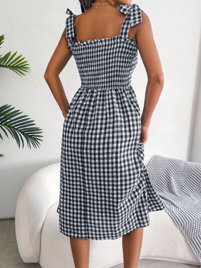Frill Plaid Square Neck Midi Dress - Trendsi