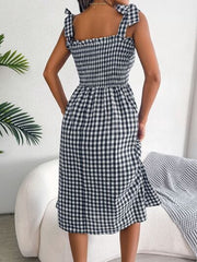 Frill Plaid Square Neck Midi Dress - Trendsi