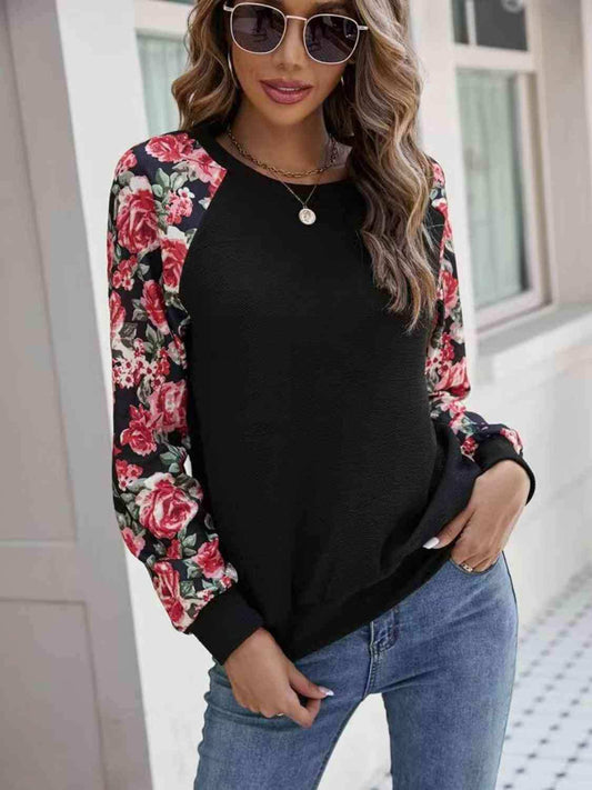 Floral Raglan Sleeve Round Neck Sweatshirt - Trendsi - Flyclothing LLC
