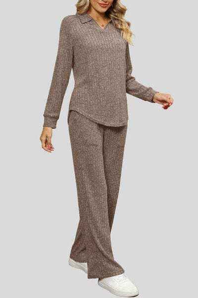 Ribbed Long Sleeve Top and Pocketed Pants Set - Trendsi - Flyclothing LLC
