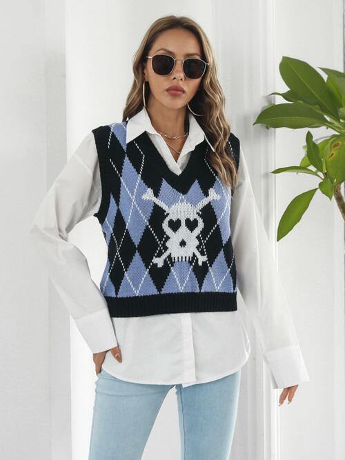 Skull Geometric V-Neck Sweater Vest - Flyclothing LLC