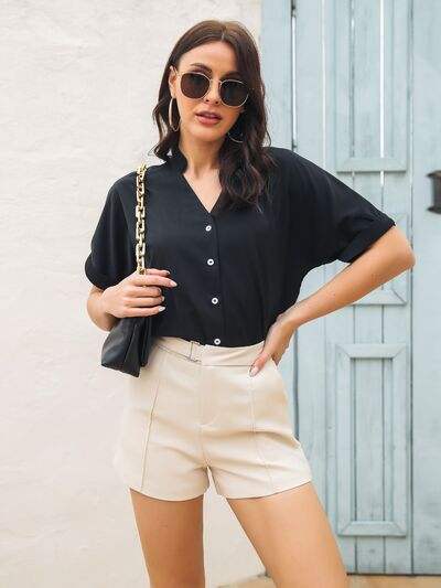 Notched Button Up Short Sleeve Shirt - Trendsi - Flyclothing LLC