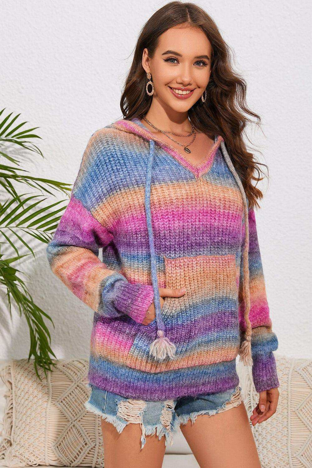 Multicolor Dropped Shoulder Hooded Sweater - Trendsi - Flyclothing LLC