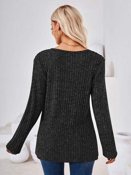 Ribbed Buttoned Round Neck Slit T-Shirt - Trendsi - Flyclothing LLC