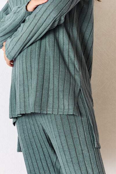 Basic Bae Full Size Ribbed Round Neck High-Low Slit Top and Pants Set - Trendsi - Flyclothing LLC