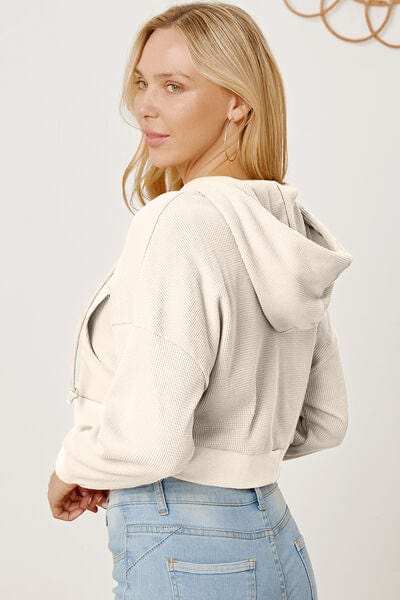 Waffle-Knit Drawstring Zip Up Hoodie - Trendsi - Flyclothing LLC