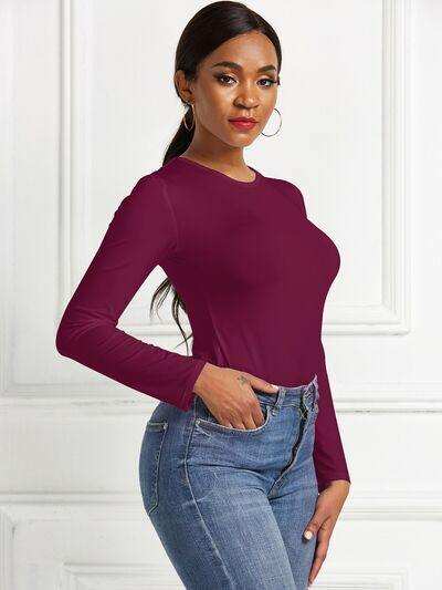 Round Neck Long Sleeve Bodysuit - Trendsi - Flyclothing LLC