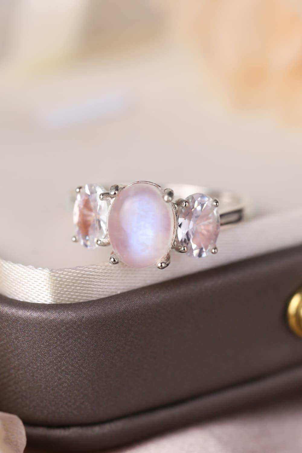 High Quality Natural Moonstone 925 Sterling Silver Three Stone Ring - Trendsi - Flyclothing LLC
