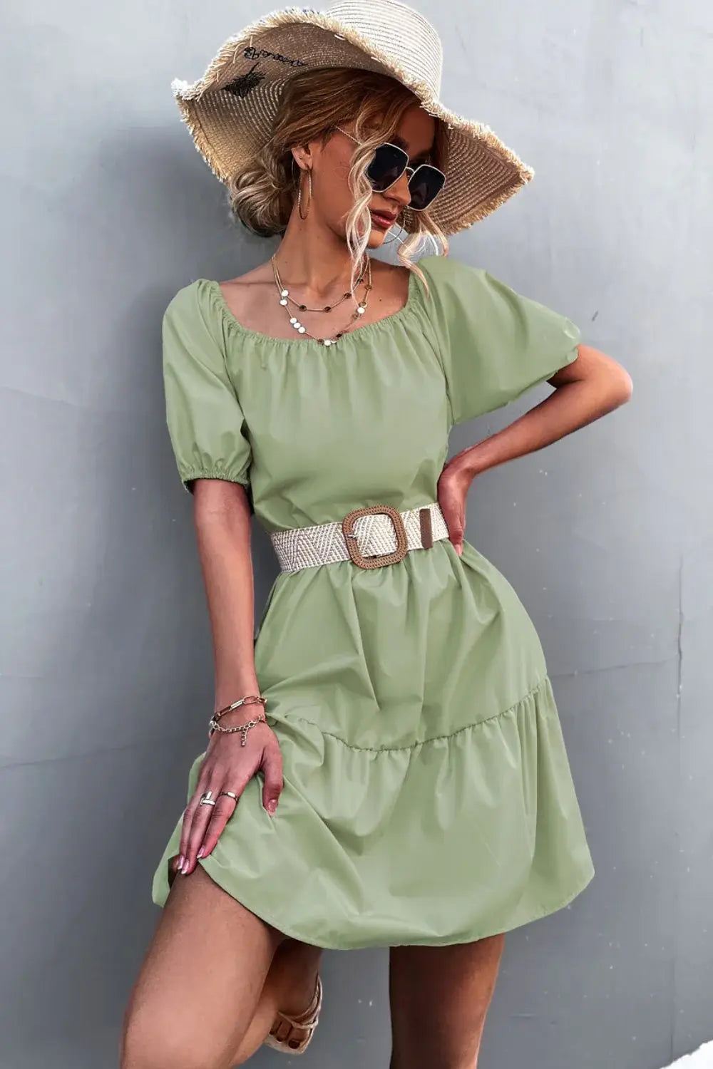 Square Neck Short Sleeve Mini Dress - Trendsi - Flyclothing LLC
