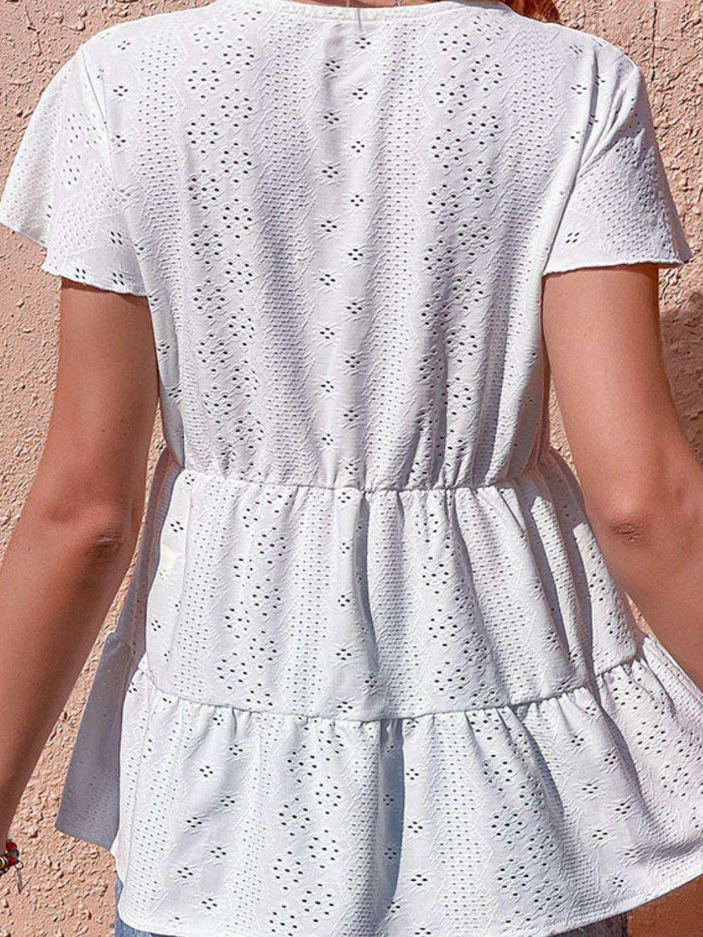 Button Front Eyelet Flutter Sleeve Tiered Blouse - Trendsi - Flyclothing LLC
