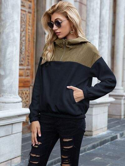 Pocketed Color Block Quarter Zip Hoodie - Trendsi - Flyclothing LLC