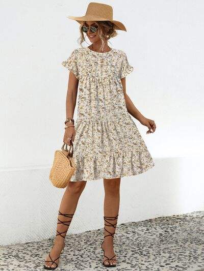 Frill Floral Round Neck Short Sleeve Tiered Dress - Trendsi - Flyclothing LLC