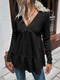Waffle-knit V-Neck Long Sleeve Blouse - Trendsi - Flyclothing LLC