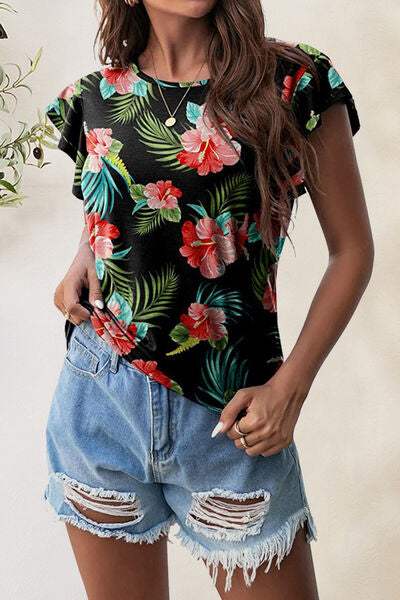 Printed Round Neck Short Sleeve T-Shirt - Trendsi - Flyclothing LLC