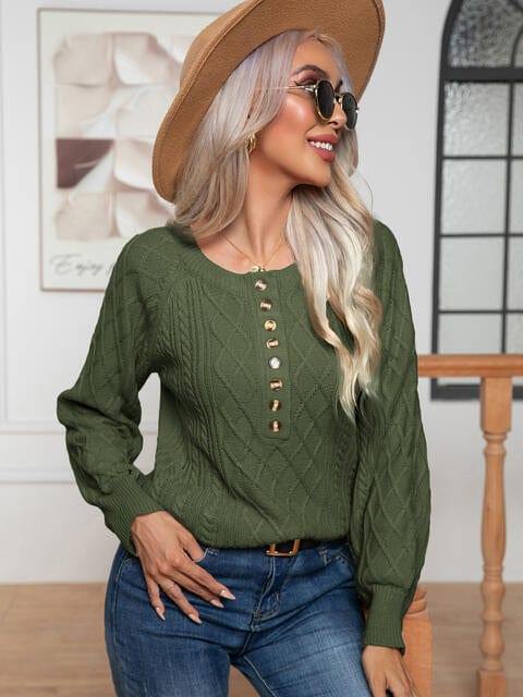 Cable-Knit Round Neck Buttoned Sweater