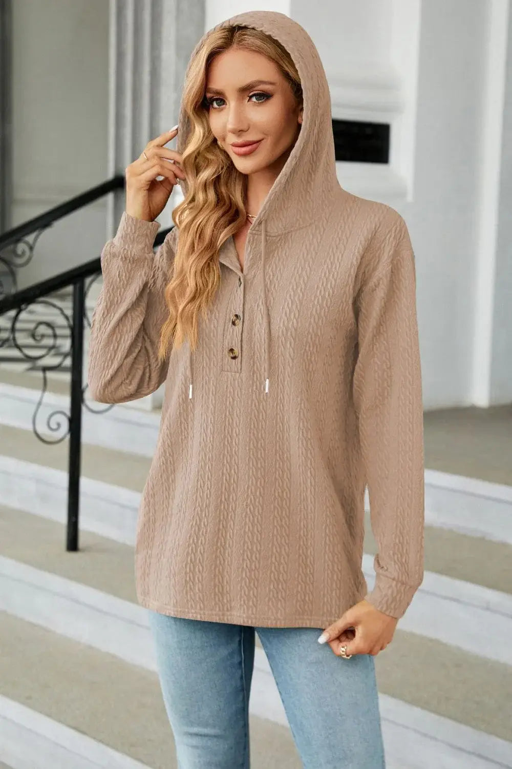 Cable-Knit Long Sleeve Hoodie - Trendsi - Flyclothing LLC