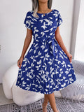 Printed Round Neck Short Sleeve Pleated Dress - Trendsi
