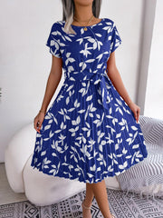 Printed Round Neck Short Sleeve Pleated Dress - Trendsi