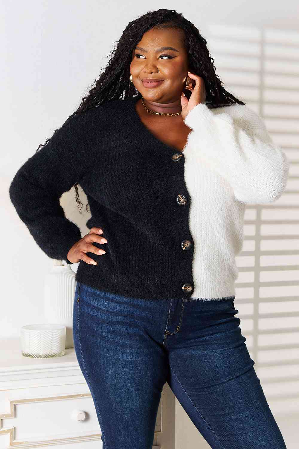 Woven Right Contrast Button-Front V-Neck Cardigan - Trendsi - Flyclothing LLC