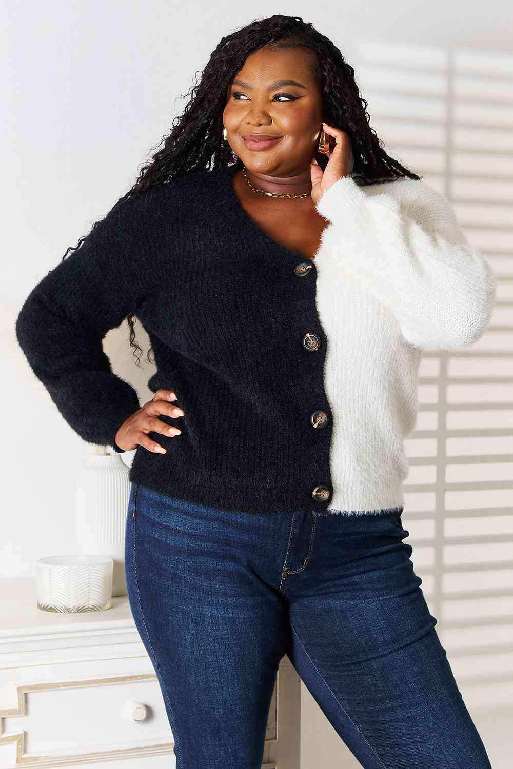 Woven Right Contrast Button-Front V-Neck Cardigan - Trendsi - Flyclothing LLC