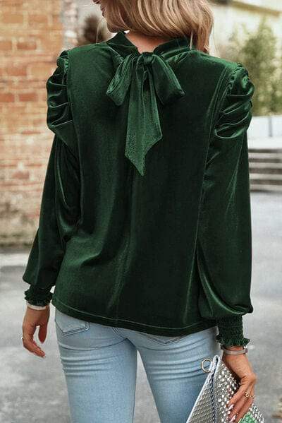 Tie Up Mock Neck Velvet Fabric Long Sleeve Blouse - Trendsi - Flyclothing LLC