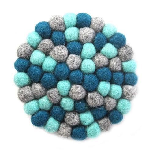 Hand Crafted Felt Ball Trivets from Nepal: Round Chakra, Light Blues - Global Groove (T) - Global Groove