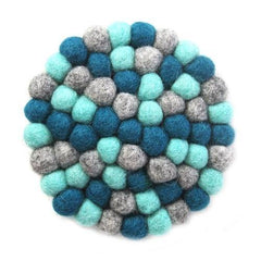 Hand Crafted Felt Ball Trivets from Nepal: Round Chakra, Light Blues - Global Groove (T) - Global Groove