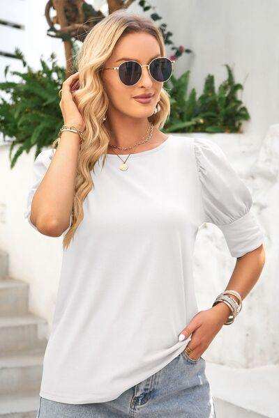 Round Neck Lantern Sleeve Blouse - Trendsi - Flyclothing LLC
