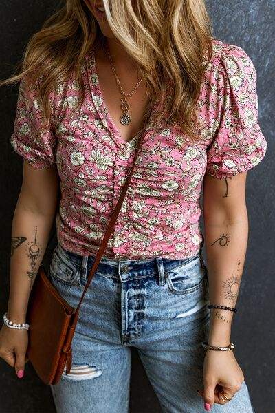 Ruched Printed Puff Sleeve Blouse - Trendsi - Flyclothing LLC