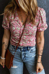 Ruched Printed Puff Sleeve Blouse - Trendsi - Flyclothing LLC