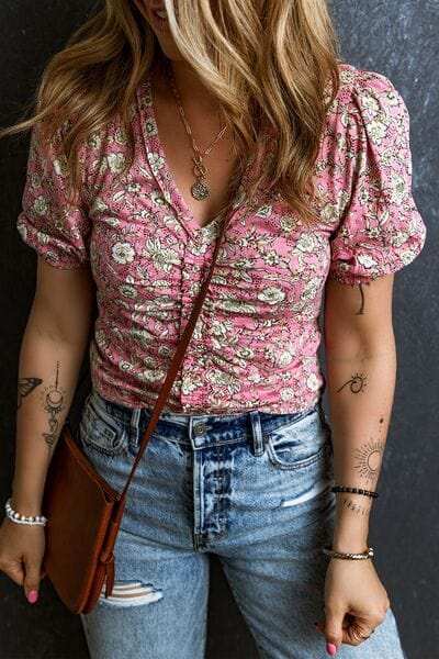 Ruched Printed Puff Sleeve Blouse - Trendsi - Flyclothing LLC