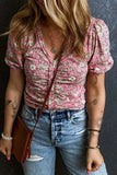 Ruched Printed Puff Sleeve Blouse - Trendsi - Flyclothing LLC