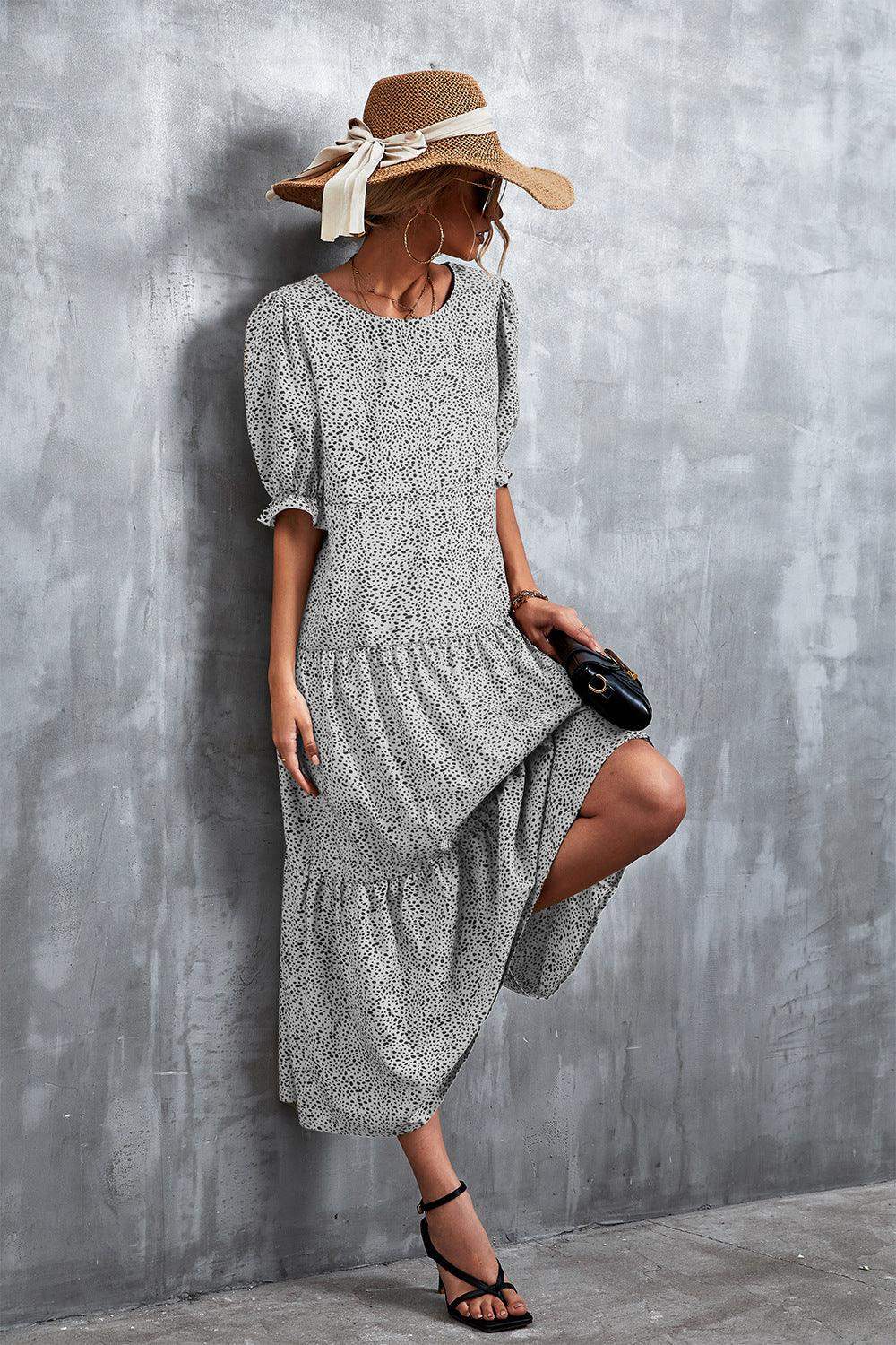 Printed Flounce Sleeve Tiered Dress - Trendsi - Flyclothing LLC
