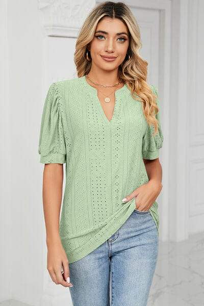 Eyelet Notched Short Sleeve T-Shirt - Trendsi - Flyclothing LLC
