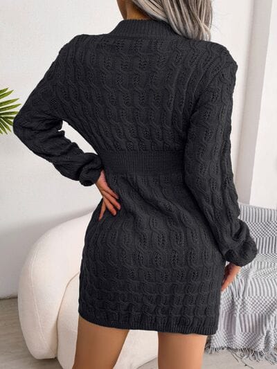 Cable-Knit Round Neck Mini Wrap Sweater Dress - Trendsi