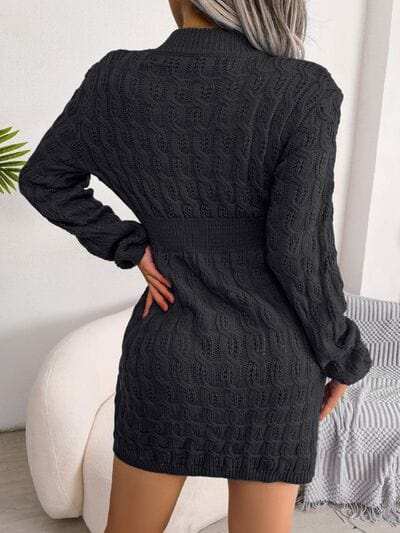 Cable-Knit Round Neck Mini Wrap Sweater Dress - Trendsi - Flyclothing LLC