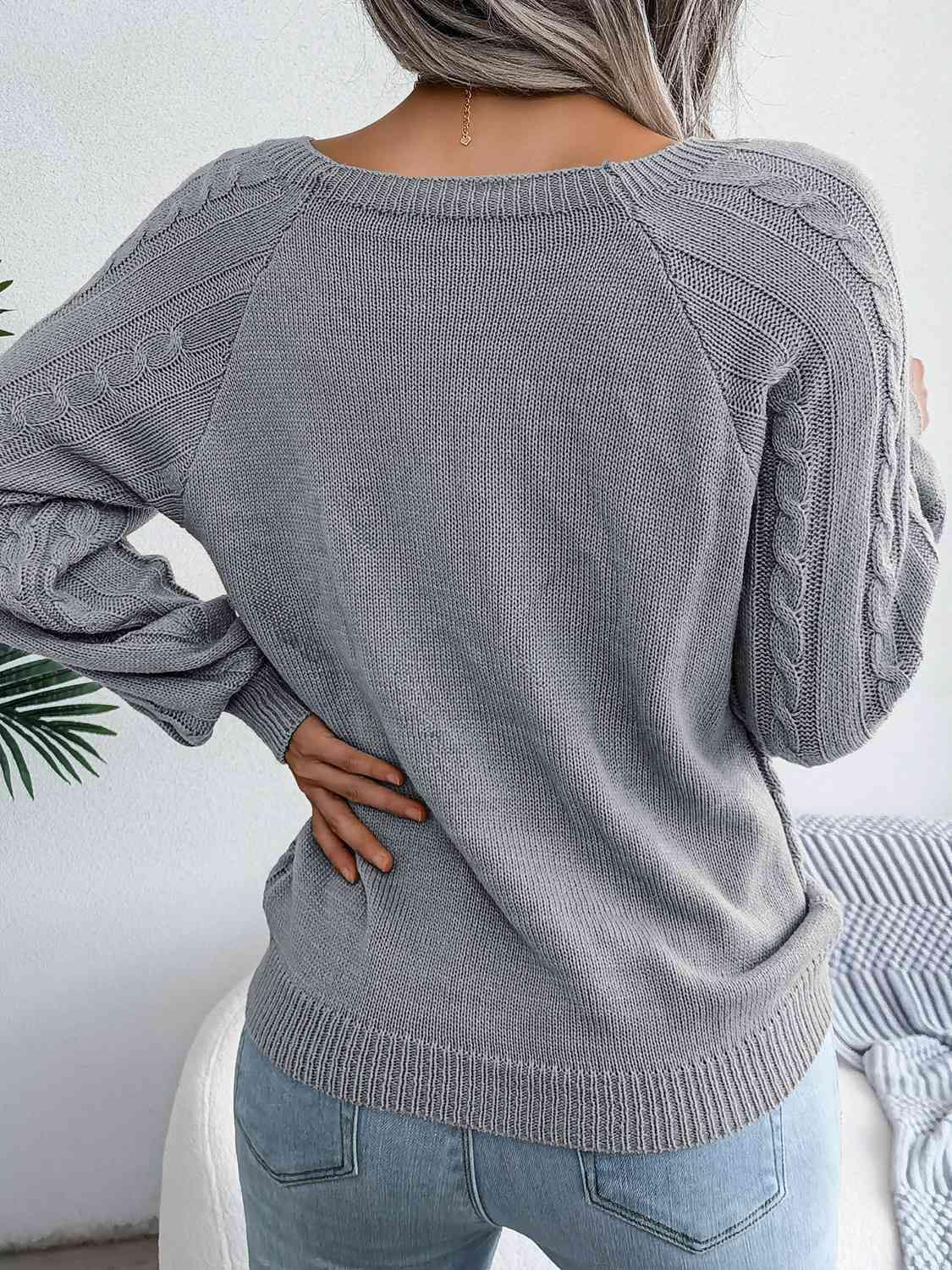 Decorative Button Cable-Knit Sweater - Trendsi