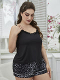 Plus Size Lace Trim Scoop Neck Cami and Printed Shorts Pajama Set - Trendsi