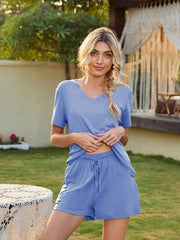 V-Neck Short Sleeve Top and Pocketed Shorts Lounge Set - Flyclothing LLC