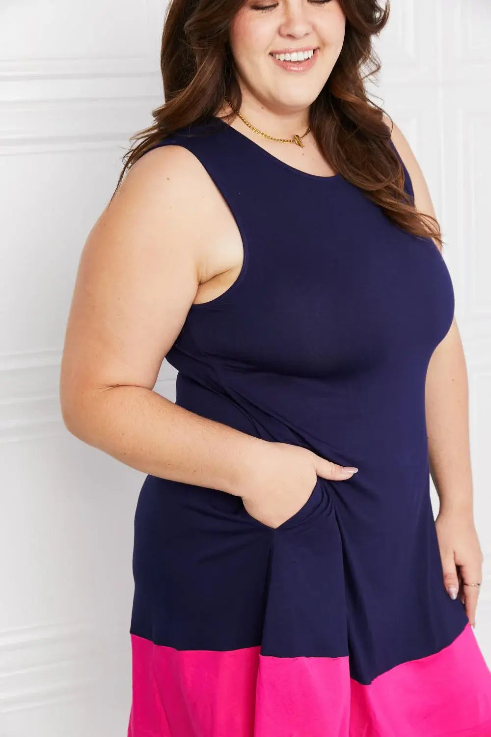 Yelete Full Size Two-Tone Sleeveless Mini Dress with Pockets - Trendsi - Flyclothing LLC