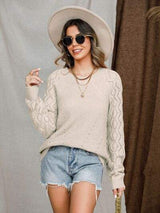 Openwork Round Neck Raglan Sleeve Sweater - Trendsi - Flyclothing LLC