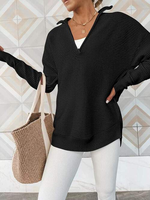 Half Zip Long Sleeve Knit Top - Trendsi - Flyclothing LLC
