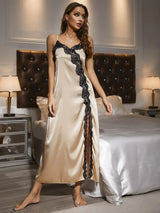 Contrast Lace Trim Spaghetti Strap Split Night Gown - Trendsi - Flyclothing LLC