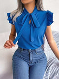 Tie Neck Cap Sleeve Blouse - Trendsi - Flyclothing LLC