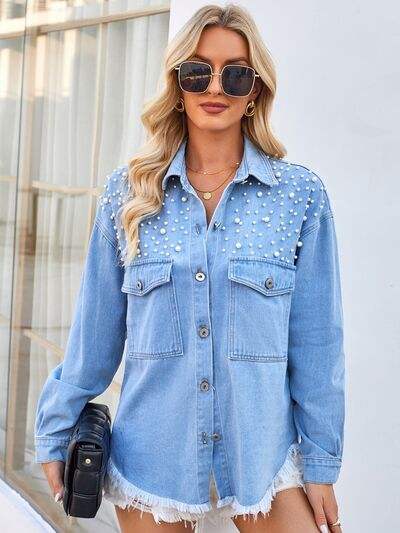 Pearl Detail Pocketed Button Up Denim Jacket - Trendsi - Flyclothing LLC