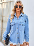 Pearl Detail Pocketed Button Up Denim Jacket - Trendsi