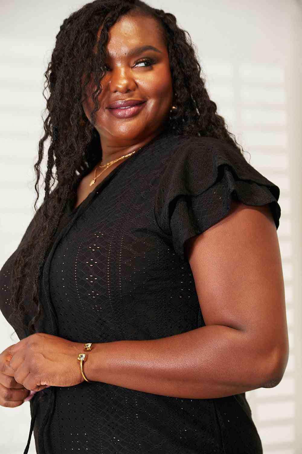 Double Take Eyelet Tie-Neck Flutter Sleeve Blouse - Trendsi - Flyclothing LLC